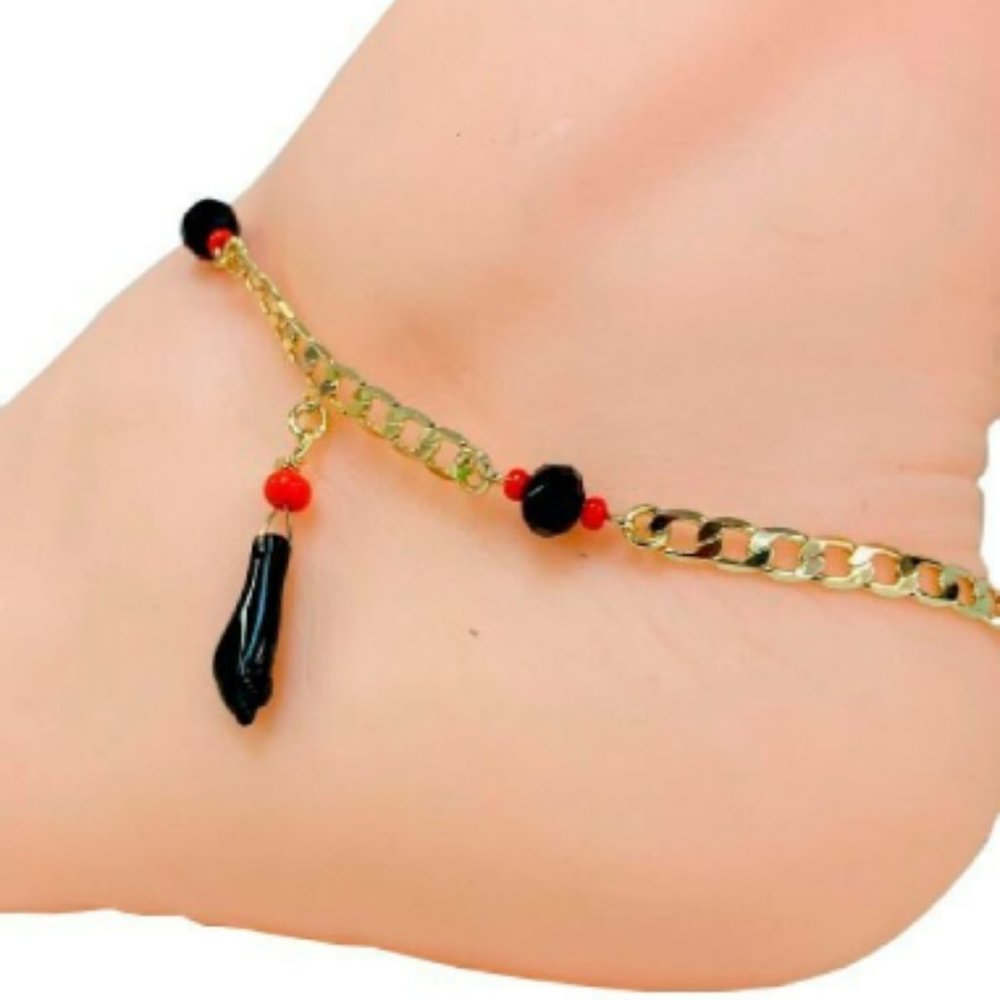 14K Gold Fill Cuban Link Anklet Bracelet Azabache Jewelry Foot Bracelet 10" Luck
